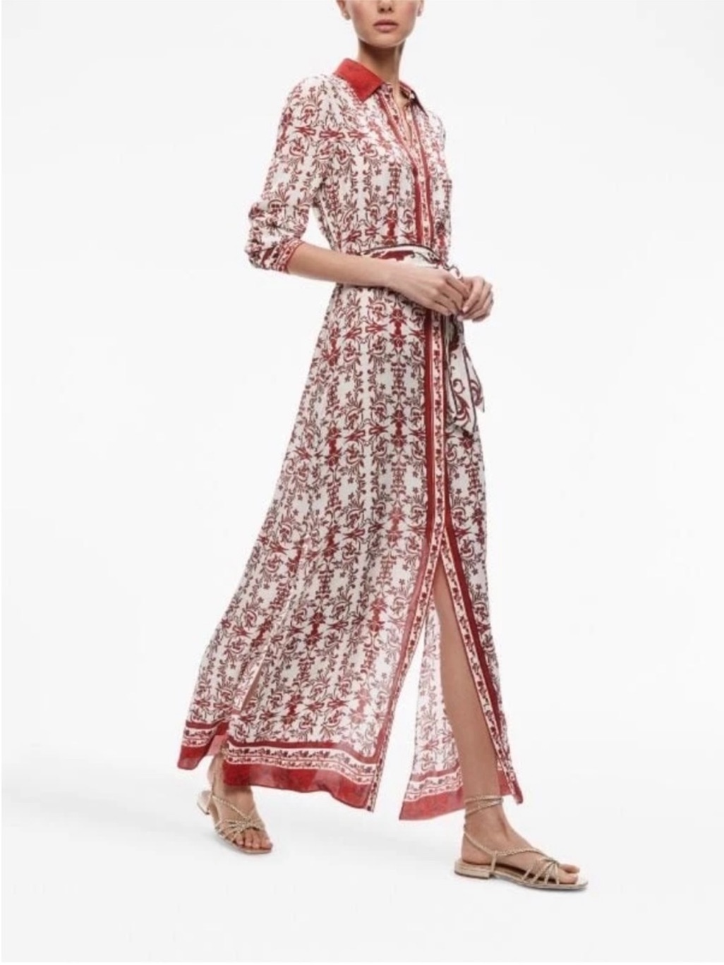 New Alice + Olivia Chassidy Maxi Dress Button Front Red White Belted
